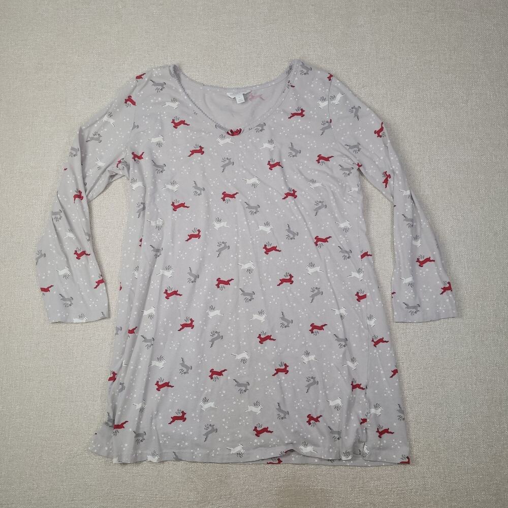 Charter Club Gray Long-Sleeve Nightgown with Red and White Reindeer Print